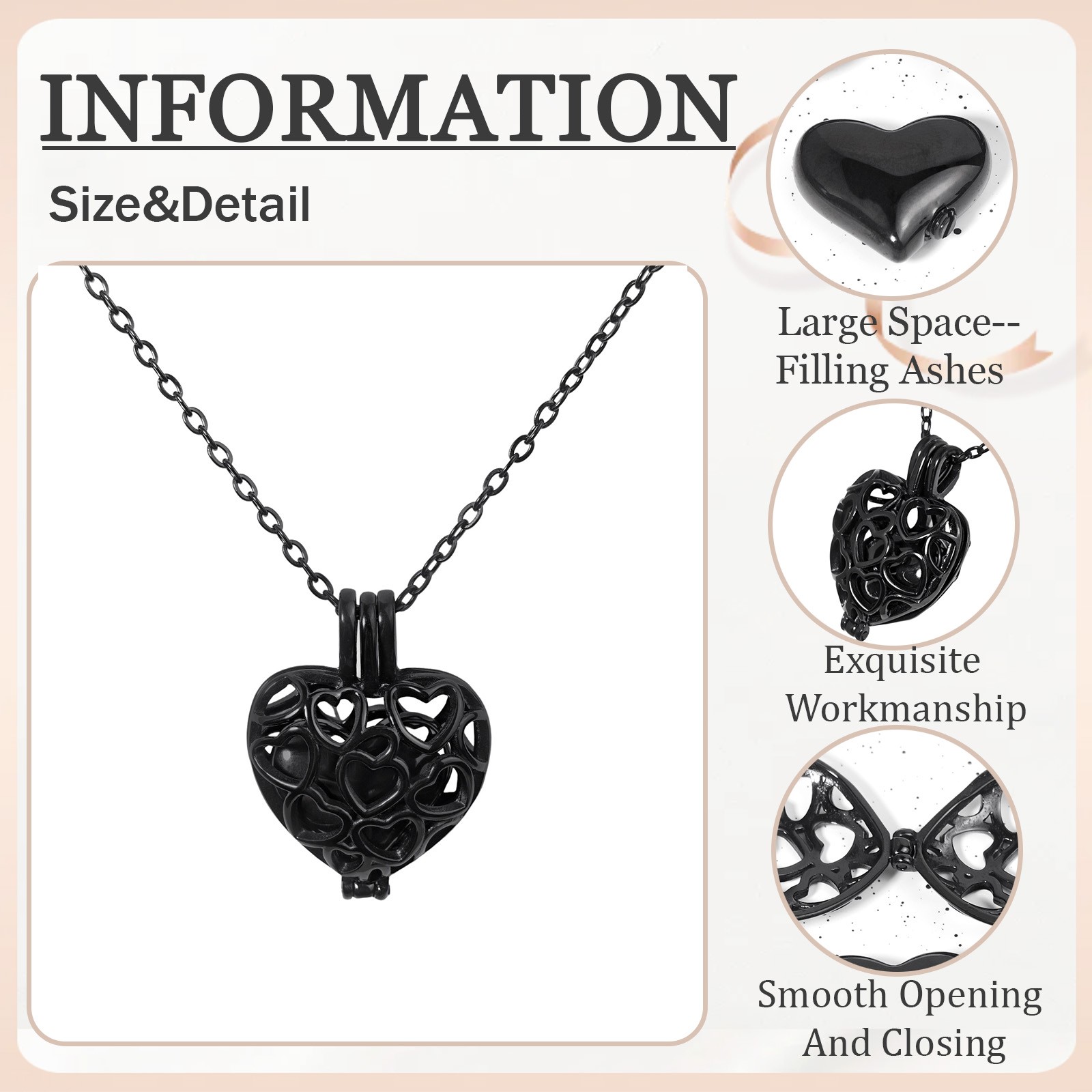 Paw Print Heart Pet Ashes Black Memorial Necklace with Inner Box For Dog&Cat