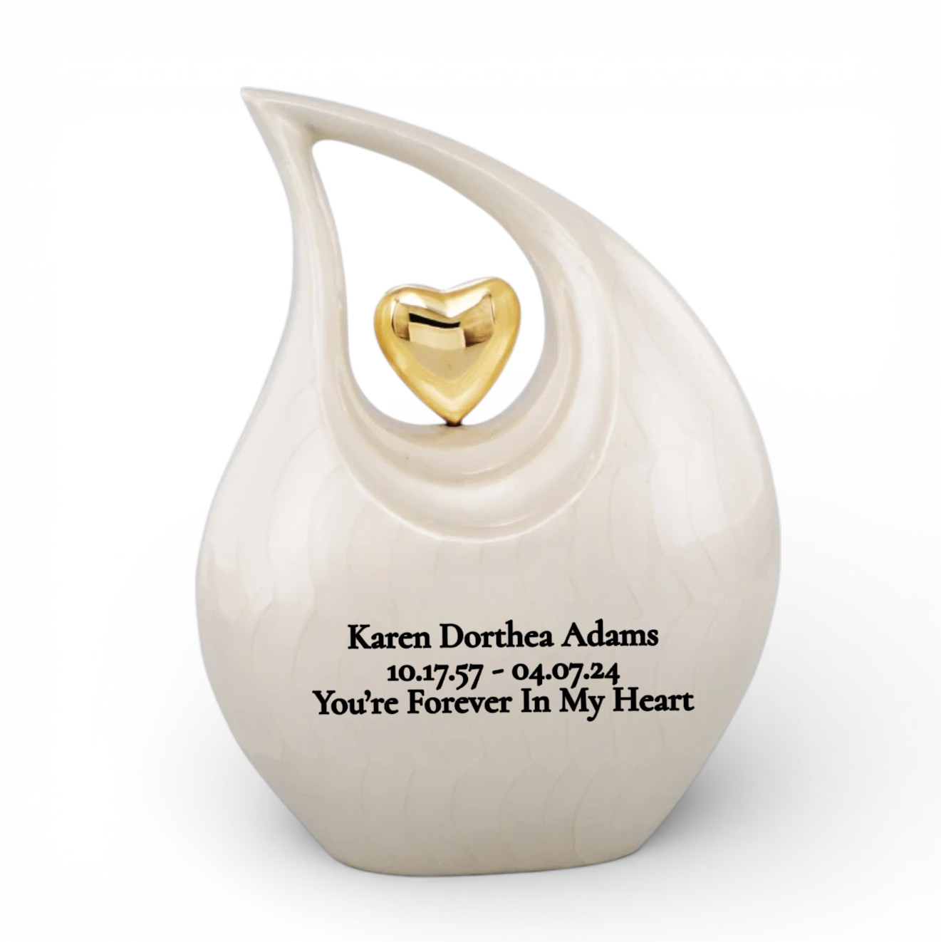 Personalized White Teardrop for Human Ashes Gold Heart Cremation Memorial Urn