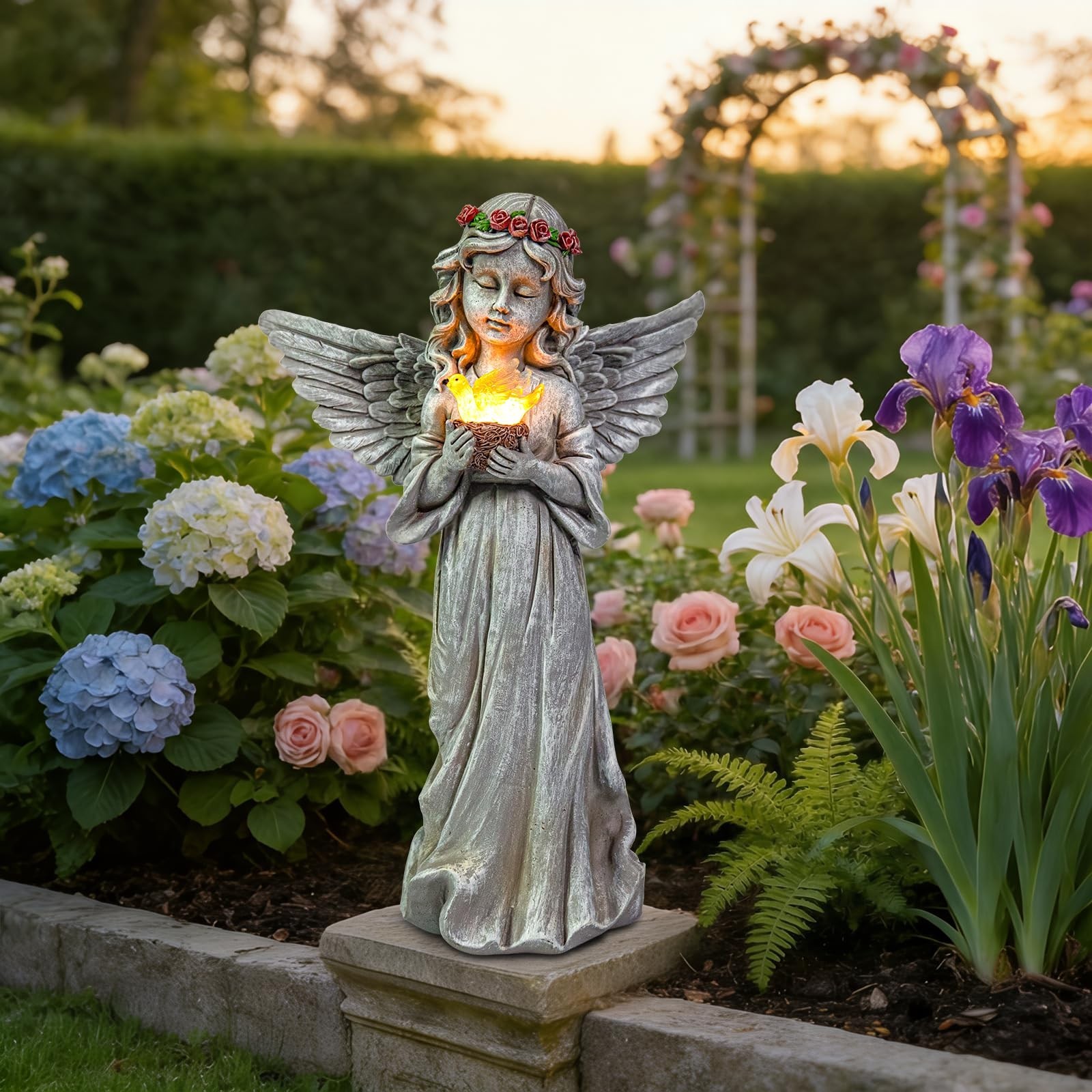 Angel Garden Statue Outdoor Decor, Angel Garden Figurine Hold Bird’s Nest wit…