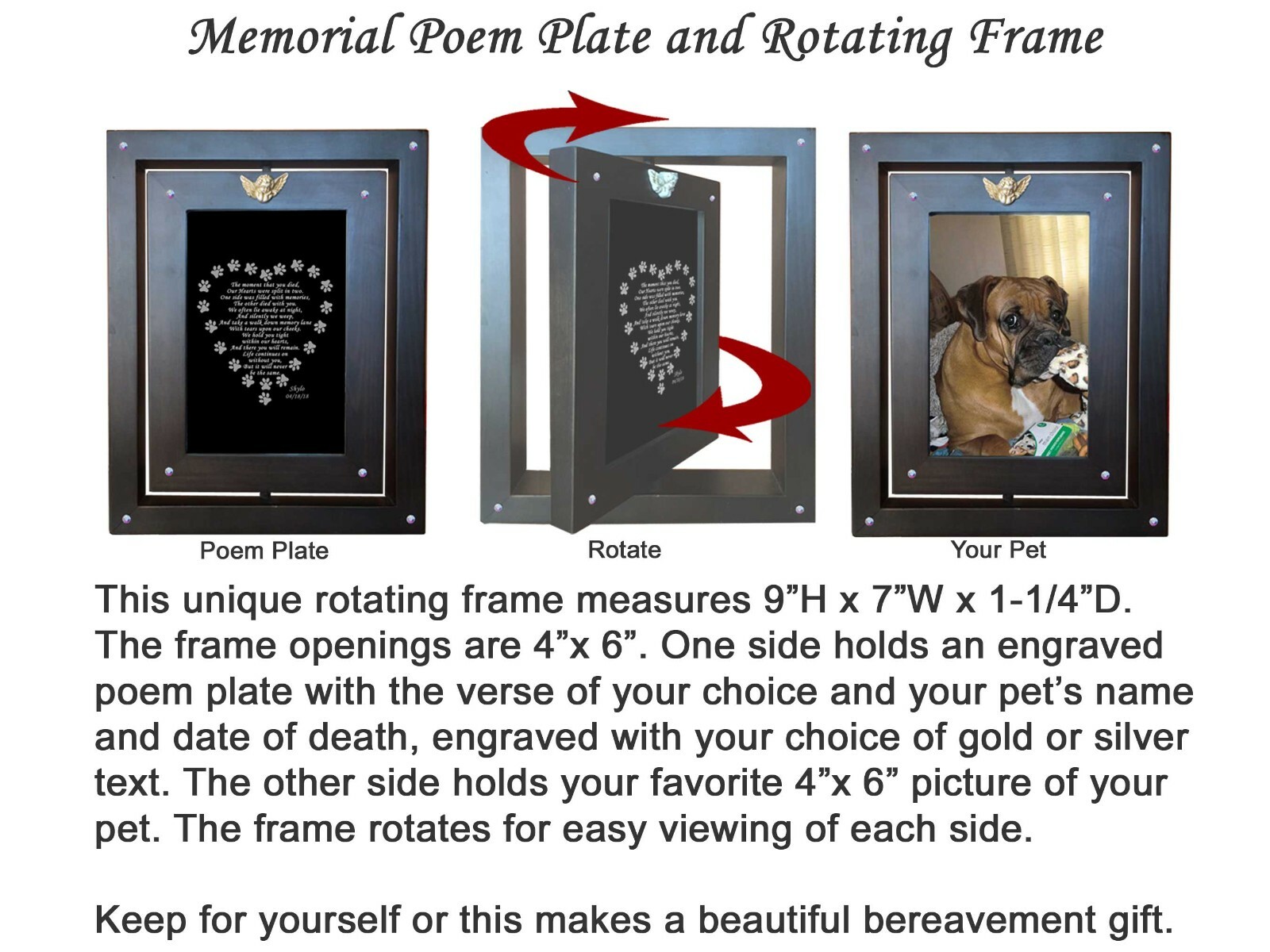 Rotating Pet Memorial Frame w/ Engraved 4×6 Poem Plate Choose Poem and Design