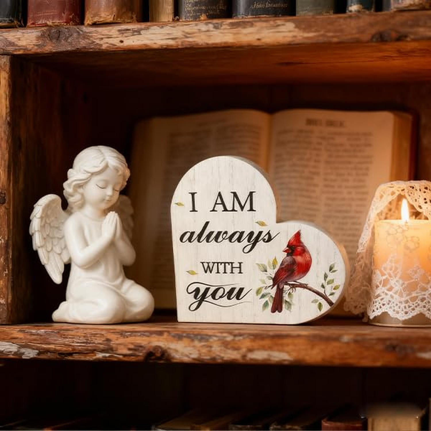 Mothers Day Memorial Gift Wooden Heart Sign Red Cardinal with Spring Leaves -…