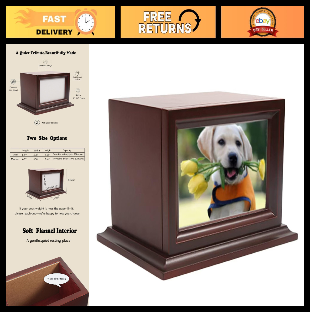 Pet Memorial Keepsake Urn for Small/Medium Dogs & Cats, Photo Box Cremation Urn,