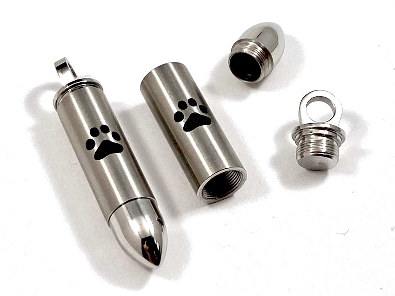 Mens Bullet Cremation Necklace Pendant Urn 4 Ashes LARGE VIAL Pet Paw Print Dog