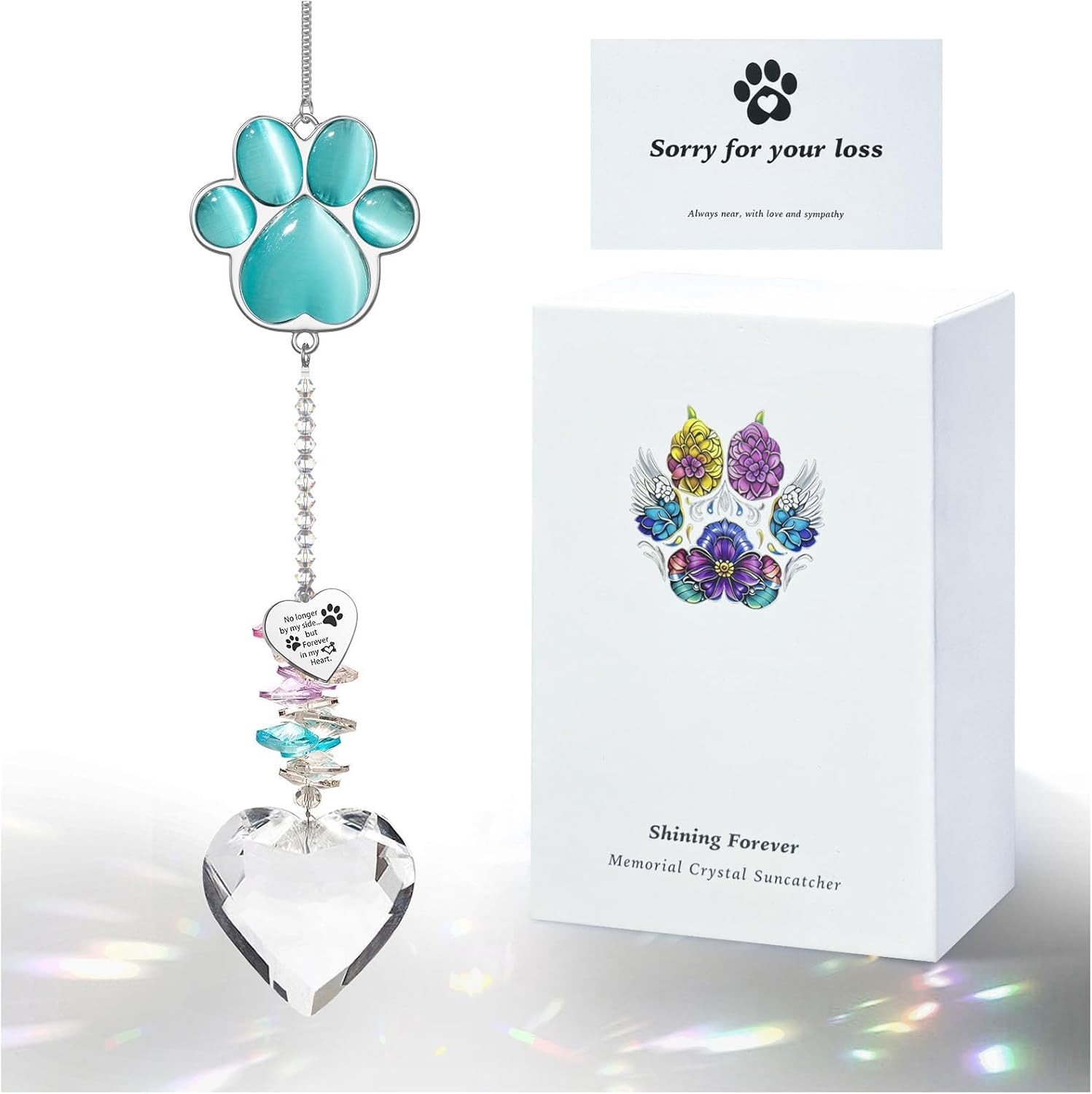 Pet Memorial Suncatcher Dog Cat Loss Gift Peacock Blue Crystal Paw Keepsake