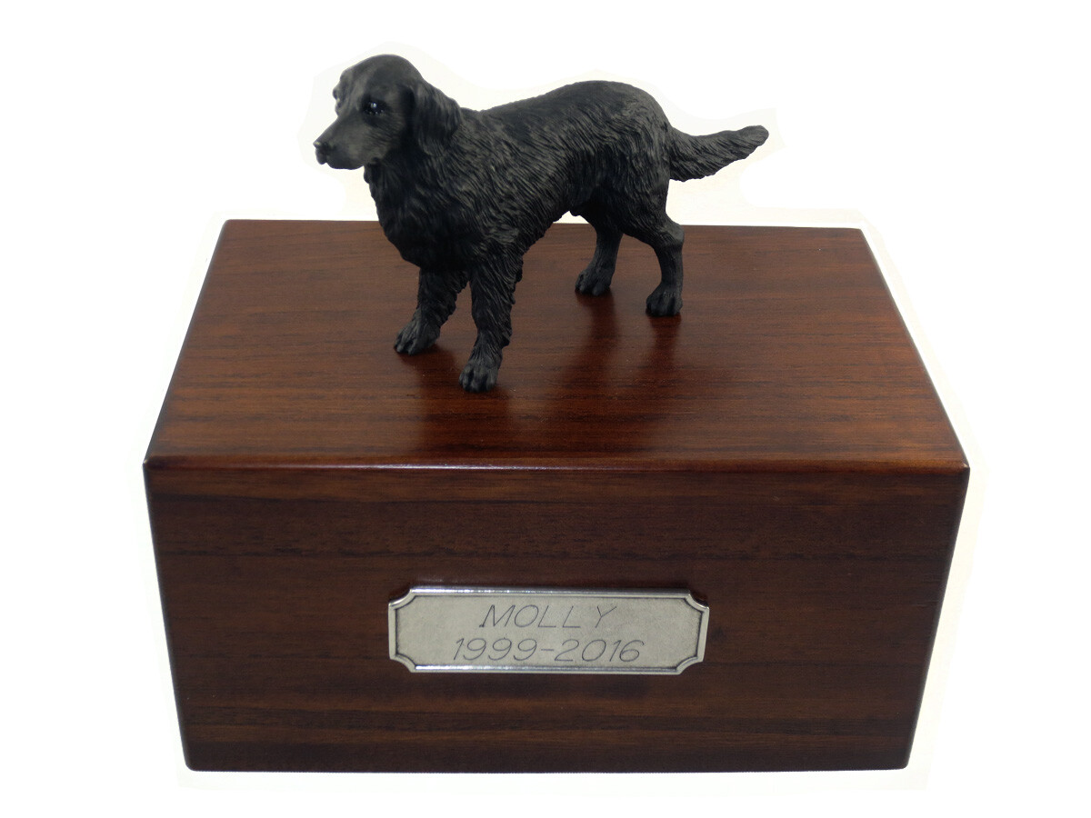 Beautiful Paulownia Wooden Personalized Urn With Flat Coated Retriever Figurine