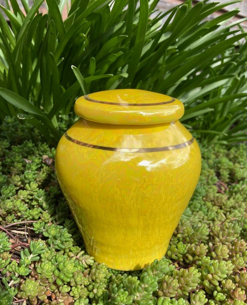 Handmade Ceramic Cremation Urn in Yellow w/MOP, small size for pet ashes 50 ci