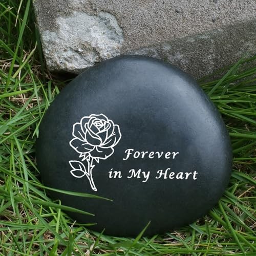 Memorial Stone – in Loving Memory Natural Black Pebble for Grave Sites, Rose