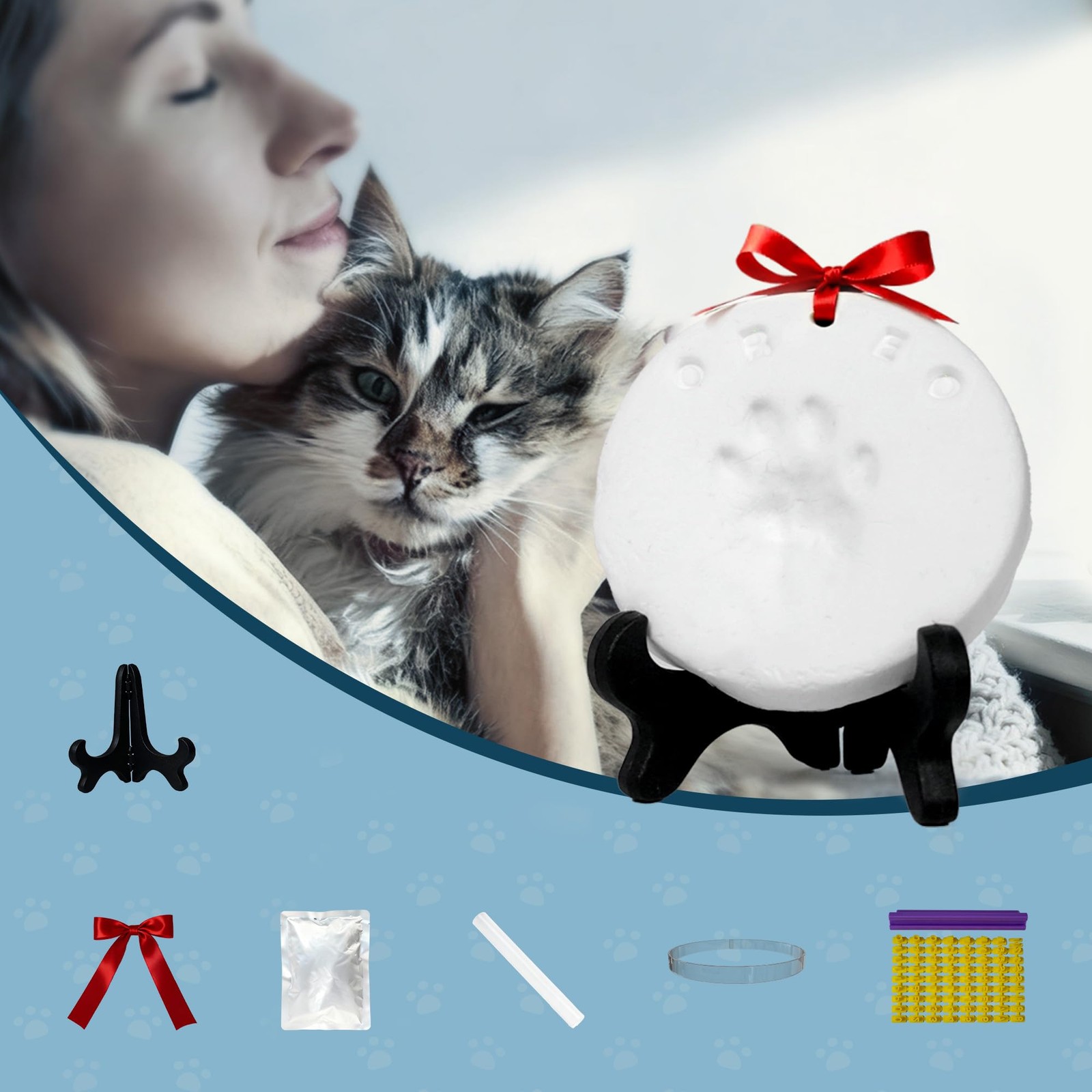 Sleeping Cat Urn for Ashes with Paw Print Kit, Capacity 0.5L, Carefully Black