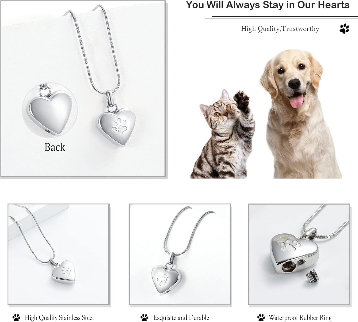 Pet Cremation Jewelry for Ashes Pendant Paw Print Pet Heart Urn Necklace