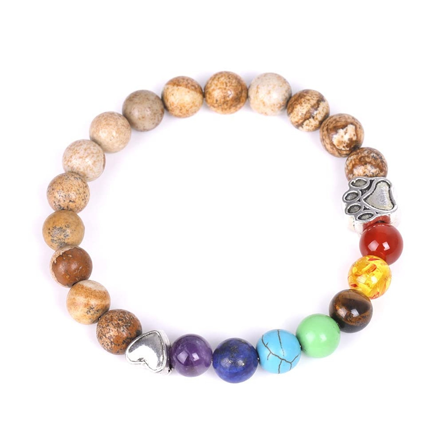 Pet Memorial Dog Paw Print Charm Bracelet 7 Chakra Semi Precious Stones Gemst…
