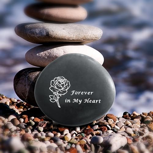 Memorial Stone – in Loving Memory Natural Black Pebble for Grave Sites, Rose