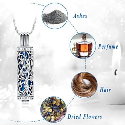 Urn Necklace for Ashes with Hollow Vial Cylinder Cremation Jewelry Silver-blue