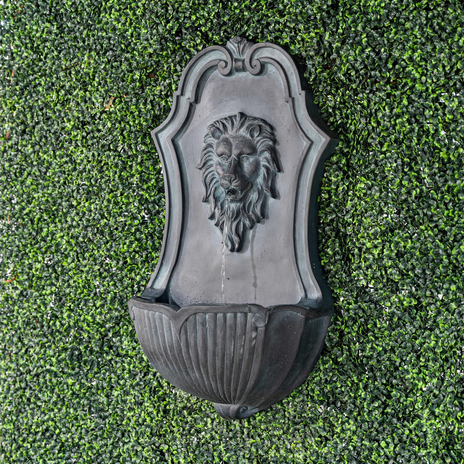 XBrand 26″ Solar-Powered Wall-Mounted Lion Head Fountain, Resin, Outdoor, Gray