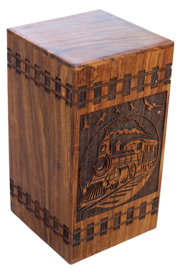burning Train steam Engraved Train Whistle Wooden Urns Box for Human Ashes Male