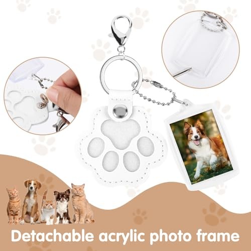 Pet Hair Keychain, Cute Leather Cat Paw Keychain with Acrylic Small Photo White