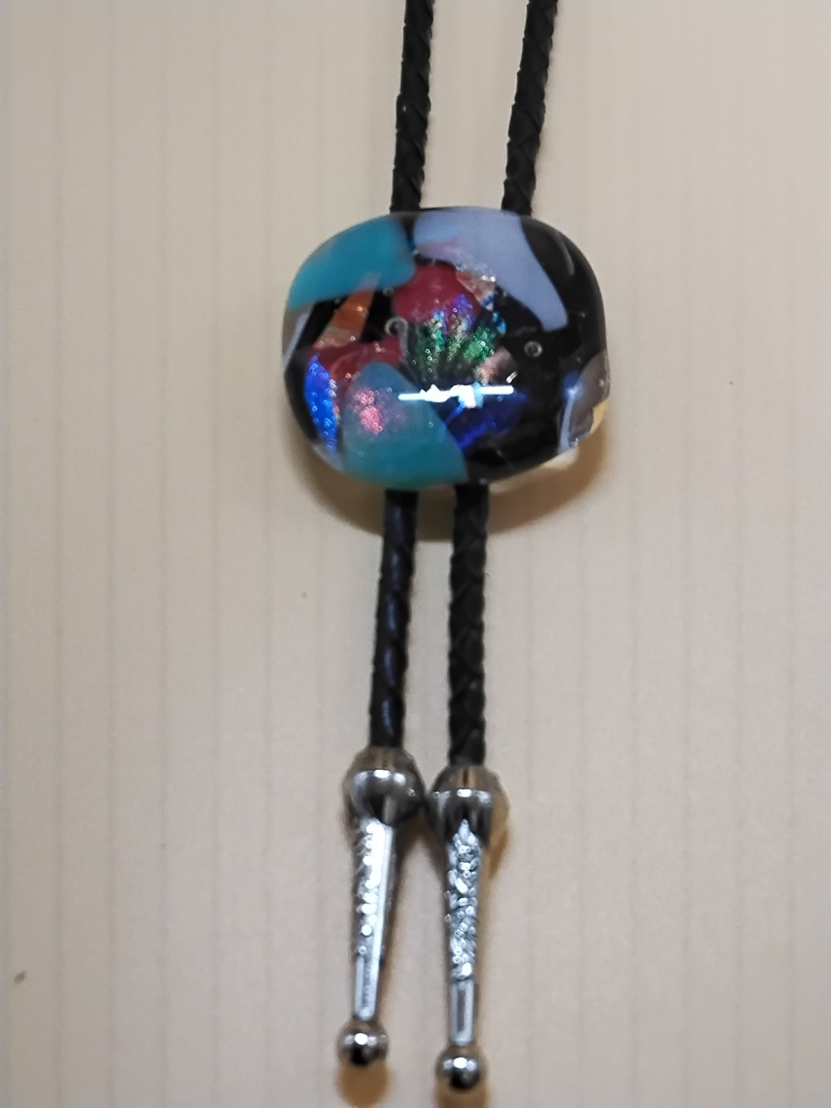 Dichroic Bolo for Pet Cremation Urn | Memorial Bolo | Black Genuine Leather