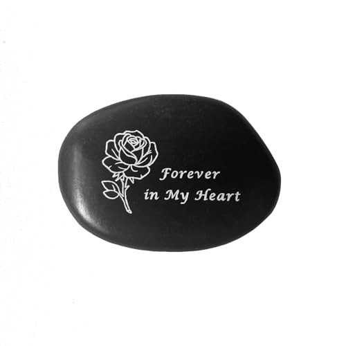 Memorial Stone – in Loving Memory Natural Black Pebble for Grave Sites, Rose