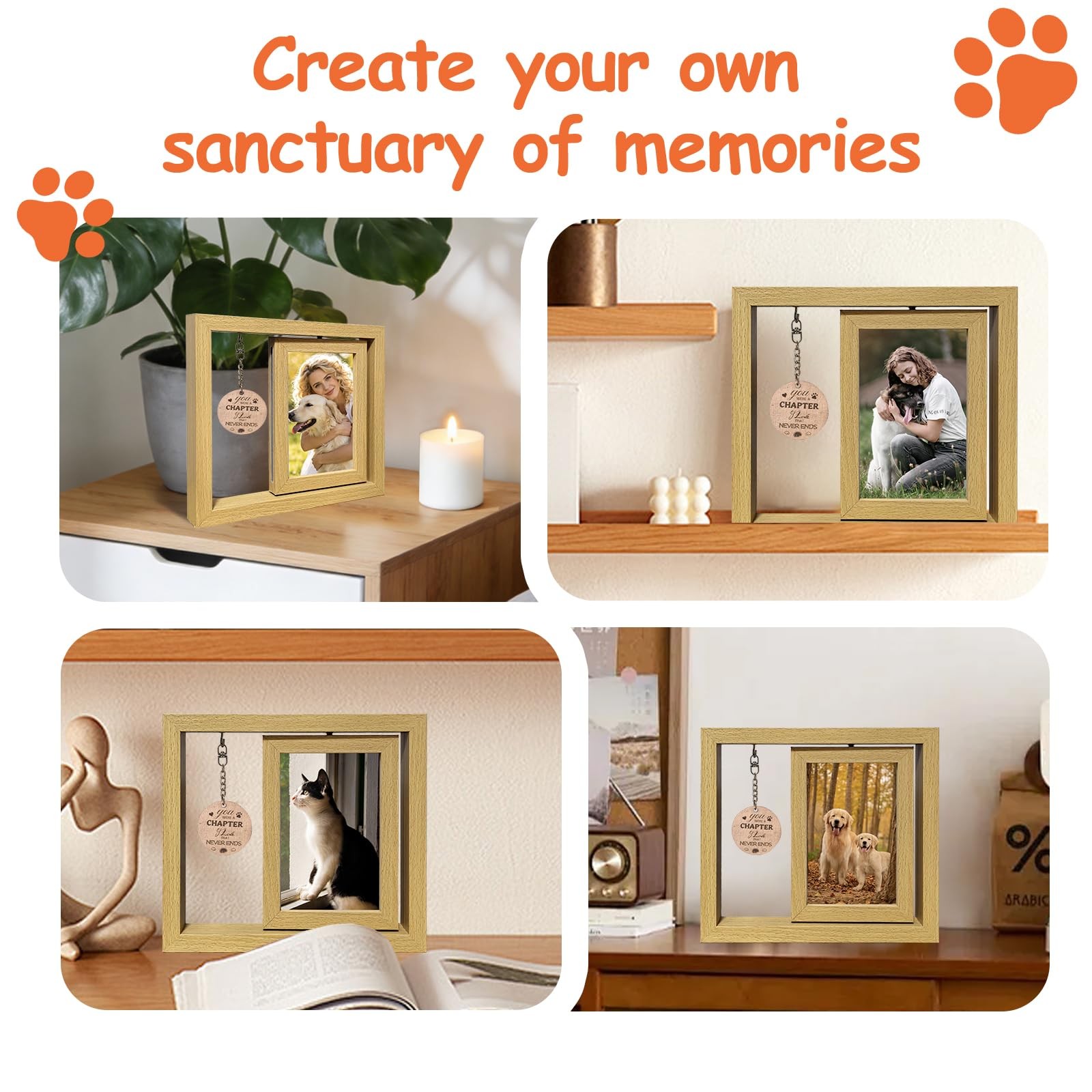 Komkoc Handcrafted Wooden Dog Memorial Picture Rotating Frame For 4X6 Photos-