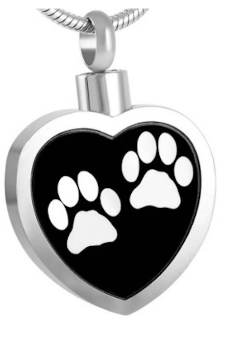 Two White Paw Prints Heart Memorial Necklace (J-027)