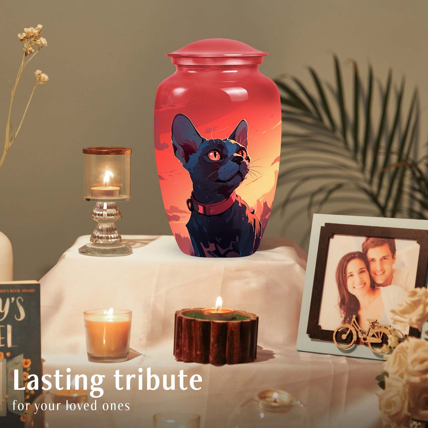 Black Cat Against a Sunset Pet Cremation Urn For Cat Ashes