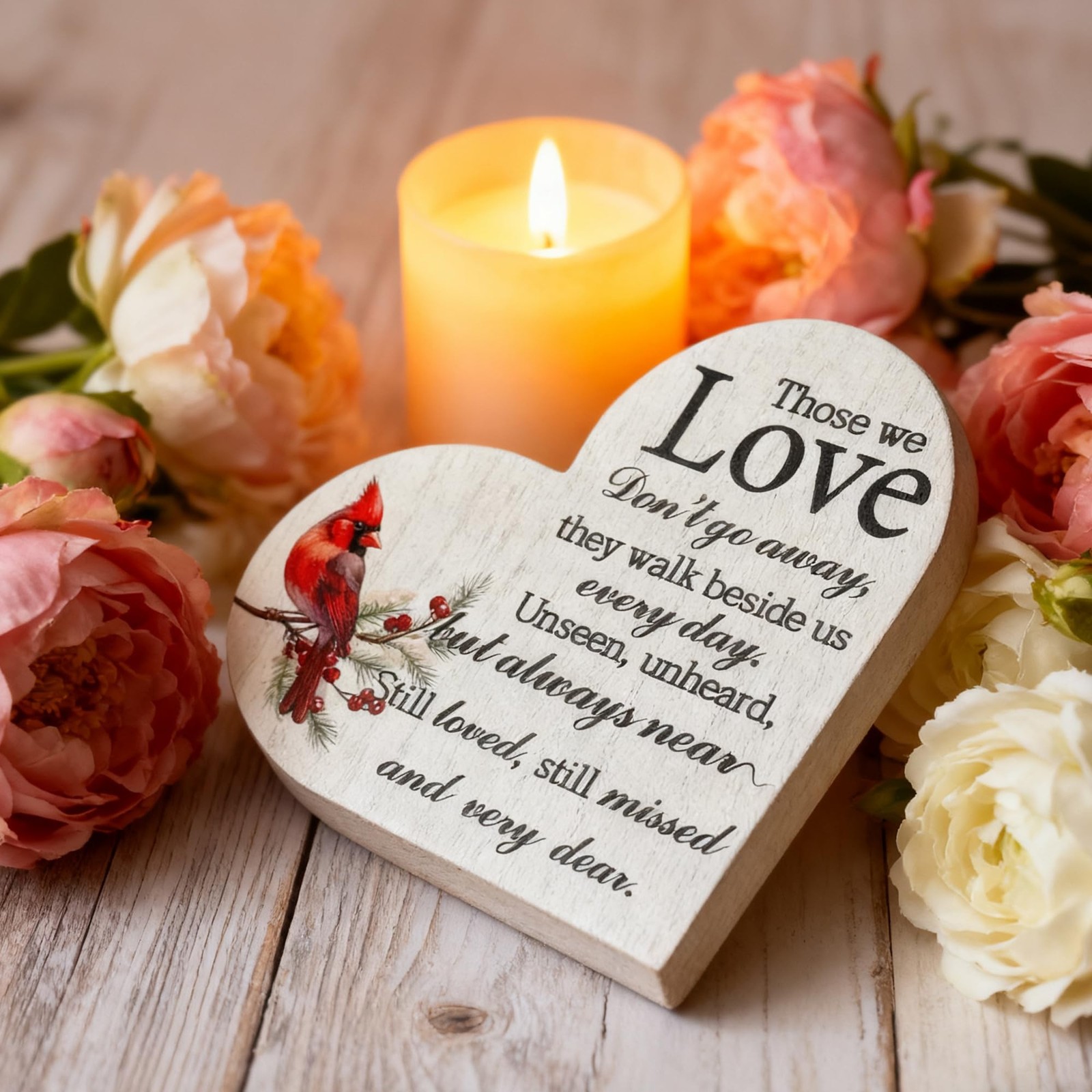 Mothers Day Memorial Gift Wooden Heart Sign Red Cardinal with Spring Leaves -…
