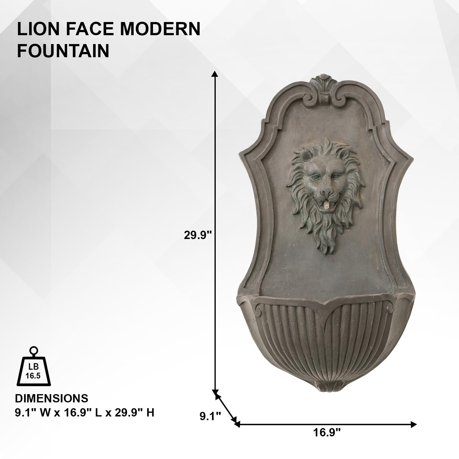 XBrand 26″ Solar-Powered Wall-Mounted Lion Head Fountain, Resin, Outdoor, Gray