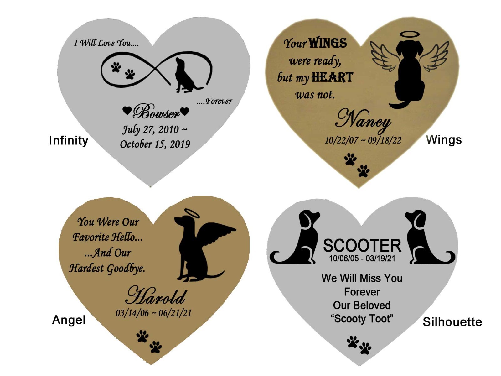 Dog Name Plate Engraved Memorial Heart Shape Pet Loss – Gold or Silver – 2 Sizes