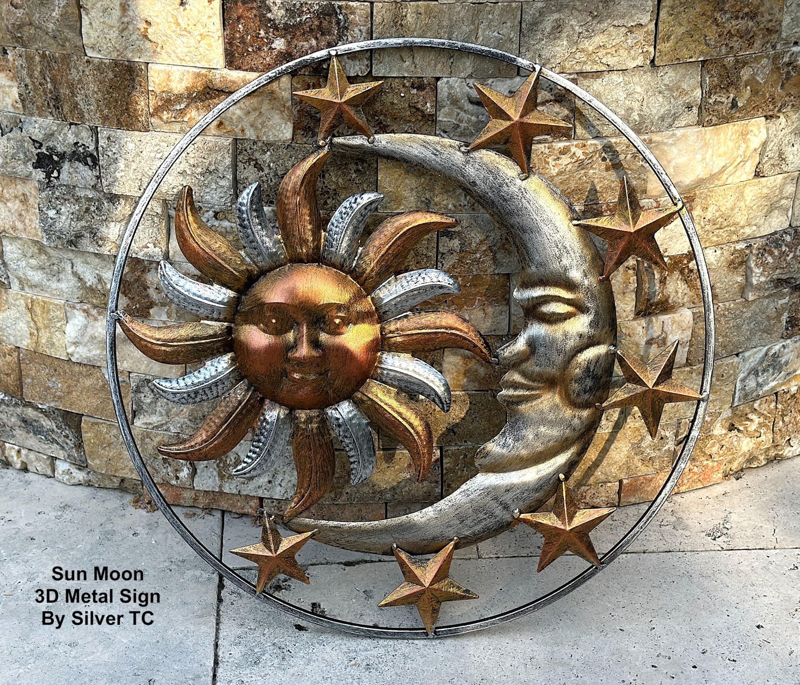 Large Metal Sun Moon Star Wall Art Sculpture Decor for Indoor Outdoor (17″ Di…