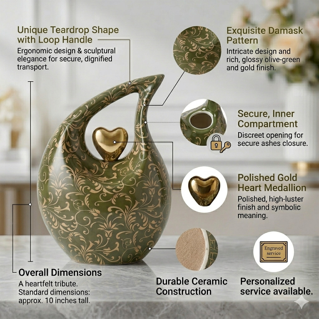 10 INCH Teardrop Urn Shape for Human Ashes Luxury Memorial Urns w/Bag