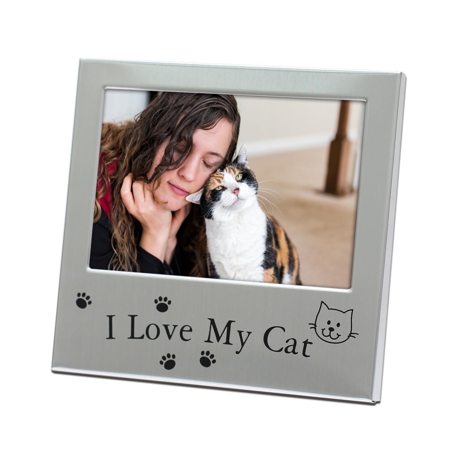 5×3 I Love My Cat Picture Frame, Silver-Tone Metal Pet Photo Frame with Paw P…