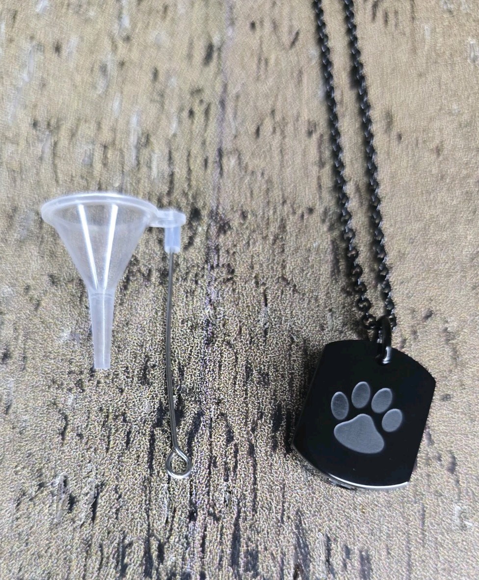 Paw Print Urn Pendant Memory Necklace Dog Cat Ashes Black Rectangle (JN)