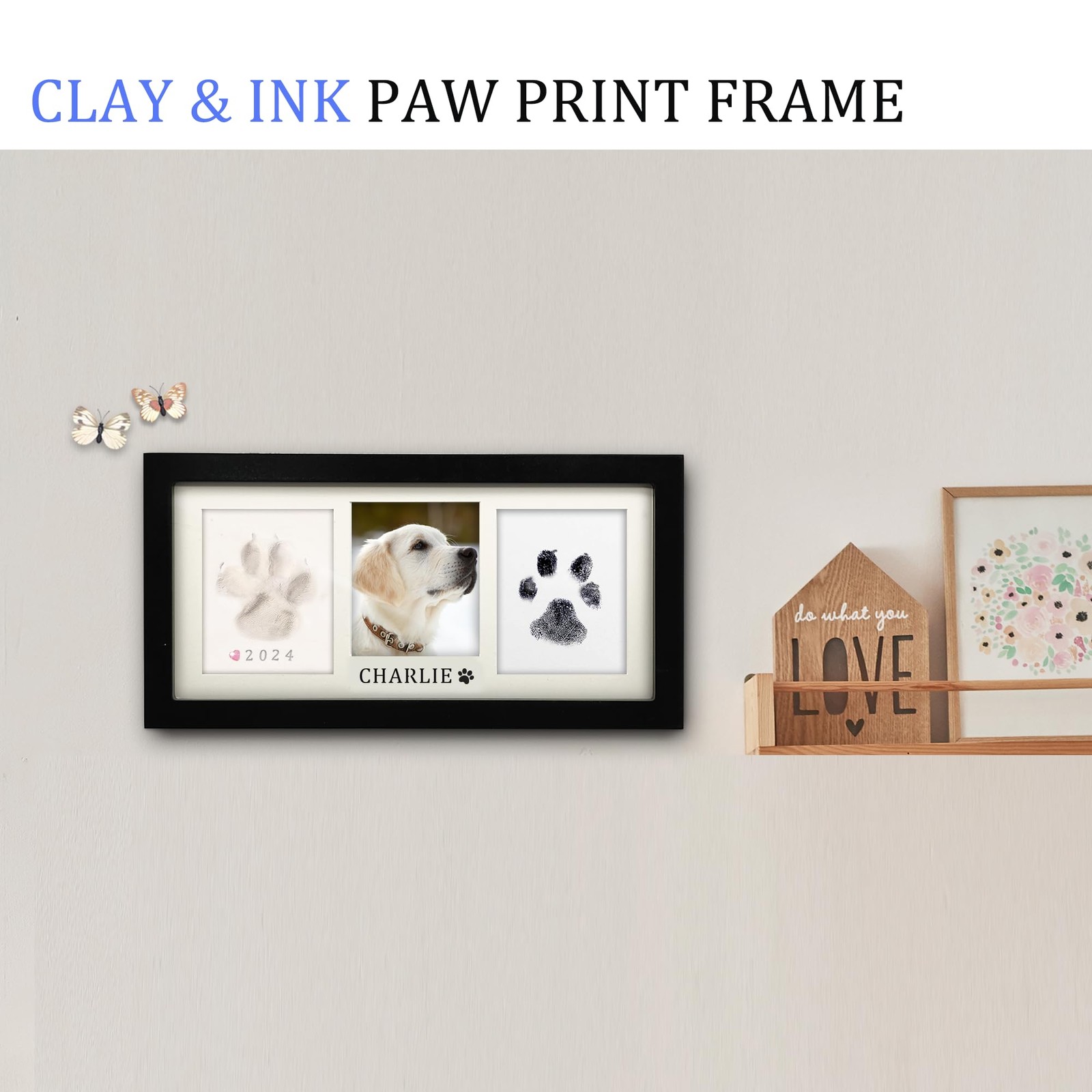 Paw Print Frame Kit Dog/Cat Soft Clay Touch Ink Pad Pet Memorial Box Black
