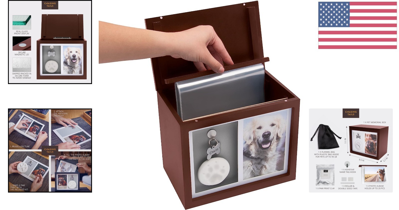 Spacious Pet Urns for Dogs Ashes – Keepsake Box with Tag Hook and Photo Album