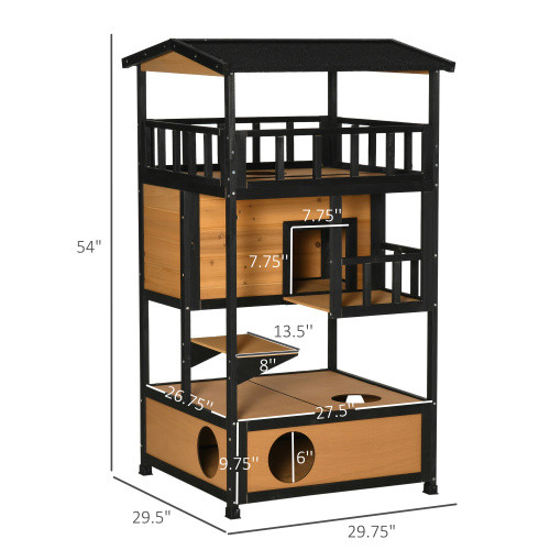 PawHut Wooden Outdoor Cat House with Jump Platforms & Escape Door
