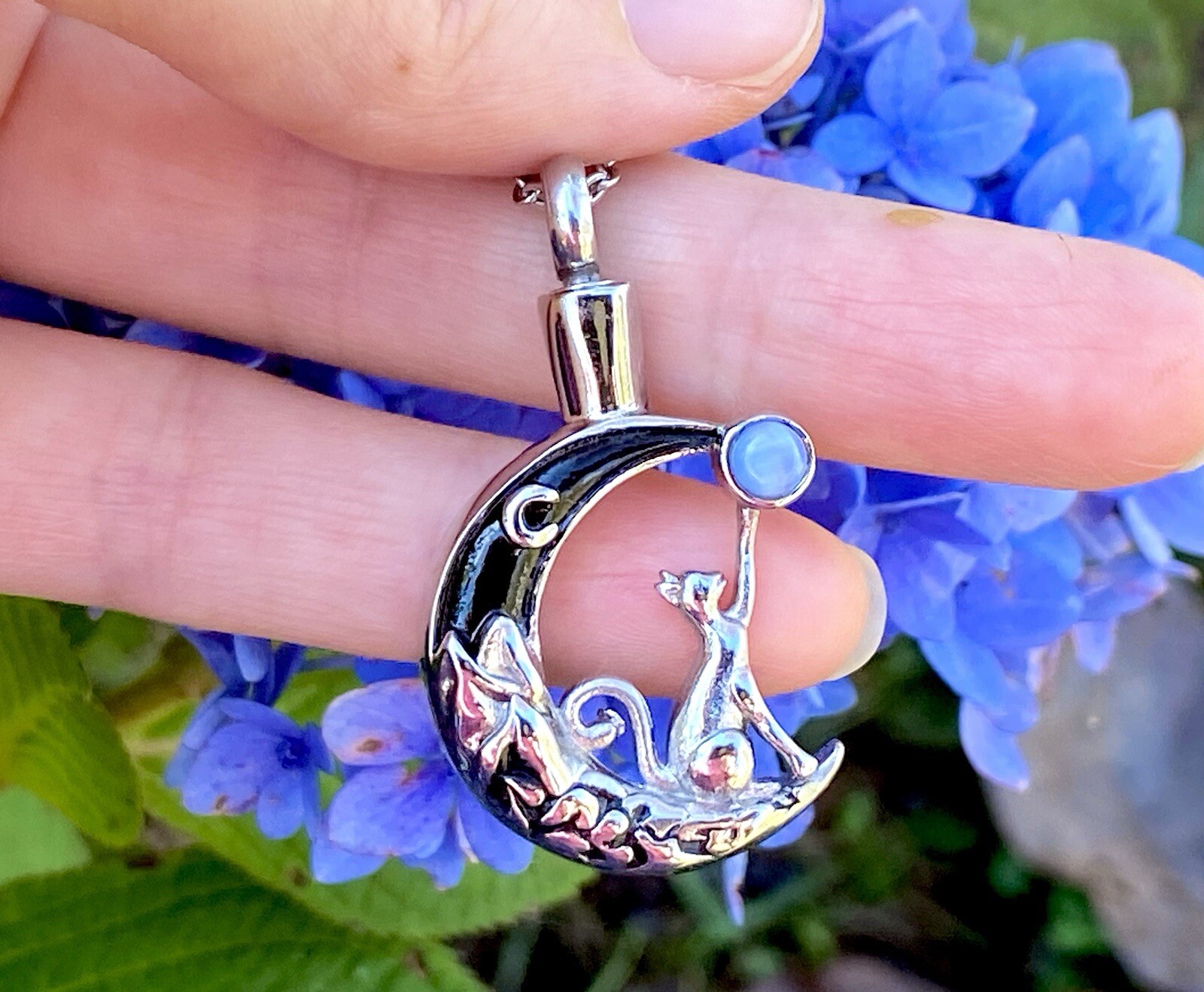 Cat Moon Stone Cremation Necklace Holds Ashes Urn Pendant Jewelry Gift Kitty Lov