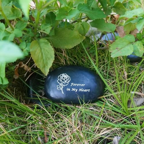 Memorial Stone – in Loving Memory Natural Black Pebble for Grave Sites, Rose