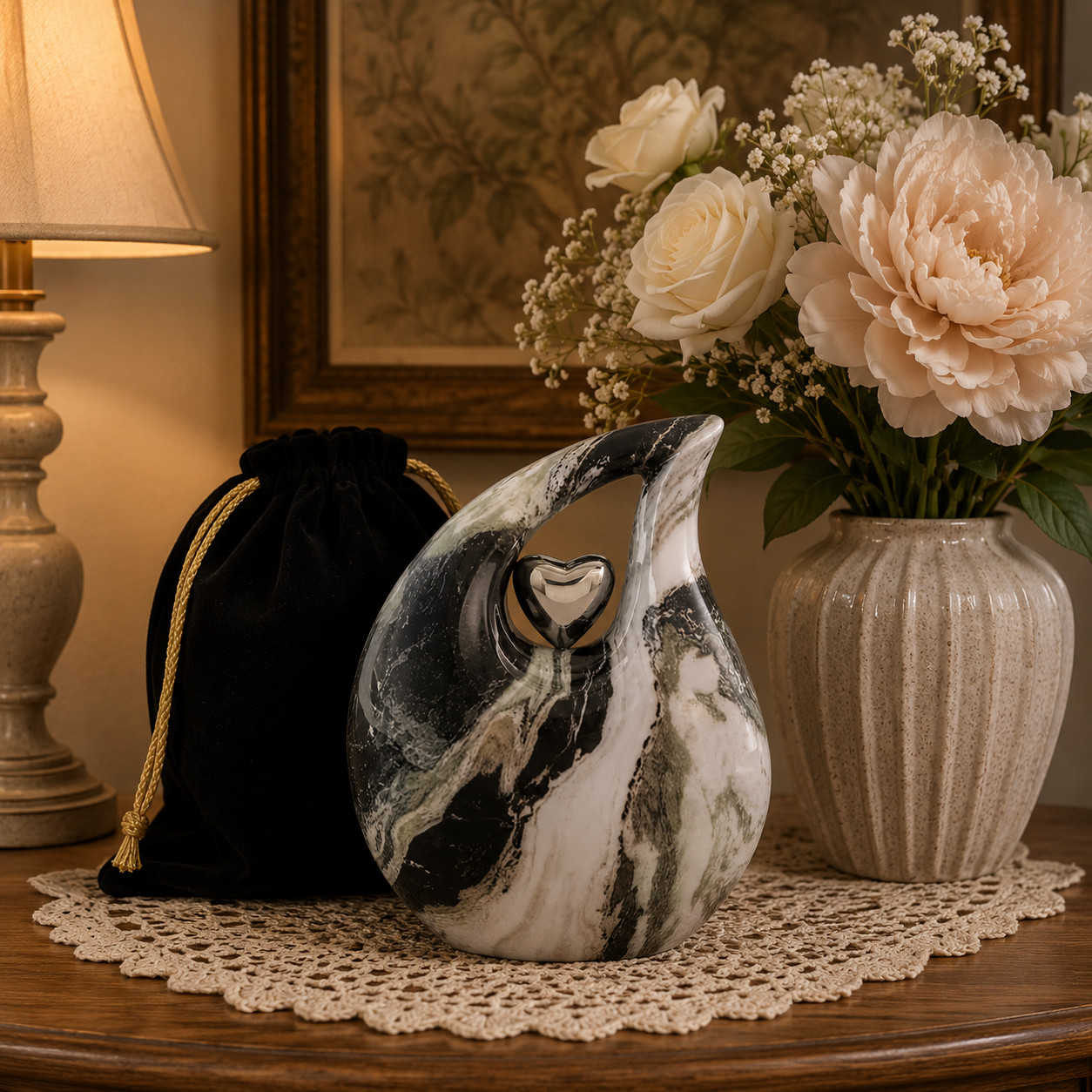Black White Marble Teardrop Cremation Urn Adult Human Ashes for Men & Women