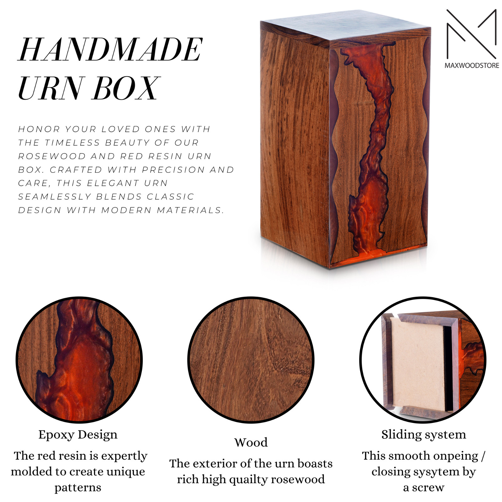 Wooden Urn Box-Urn Box-Rosewood and Red Resin Design Urn Box For Human Ashes