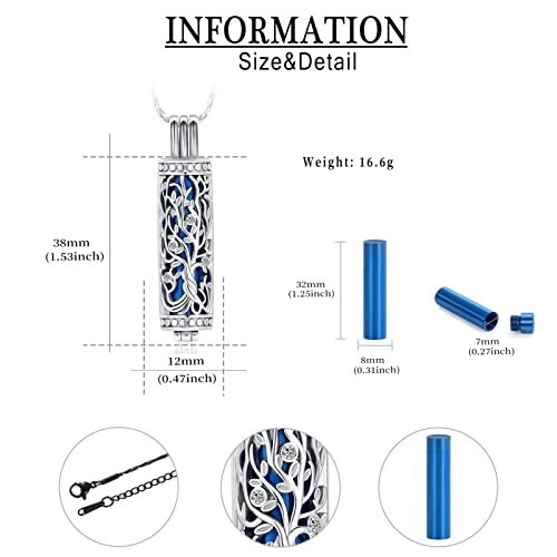 Urn Necklace for Ashes with Hollow Vial Cylinder Cremation Jewelry Silver-blue