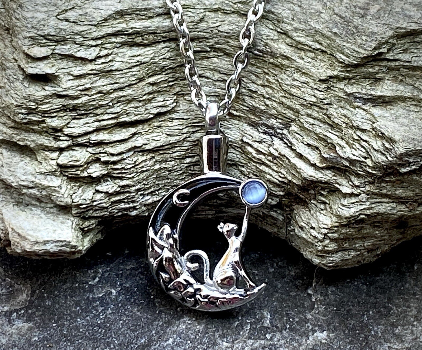 Cat Moon Stone Cremation Necklace Holds Ashes Urn Pendant Jewelry Gift Kitty Lov