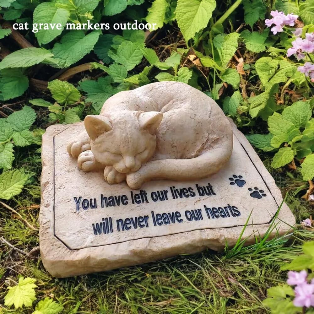 Cat Memorial Stones Grave Markers with A Sleeping Cat Statue 8.5″x7″x3.5″