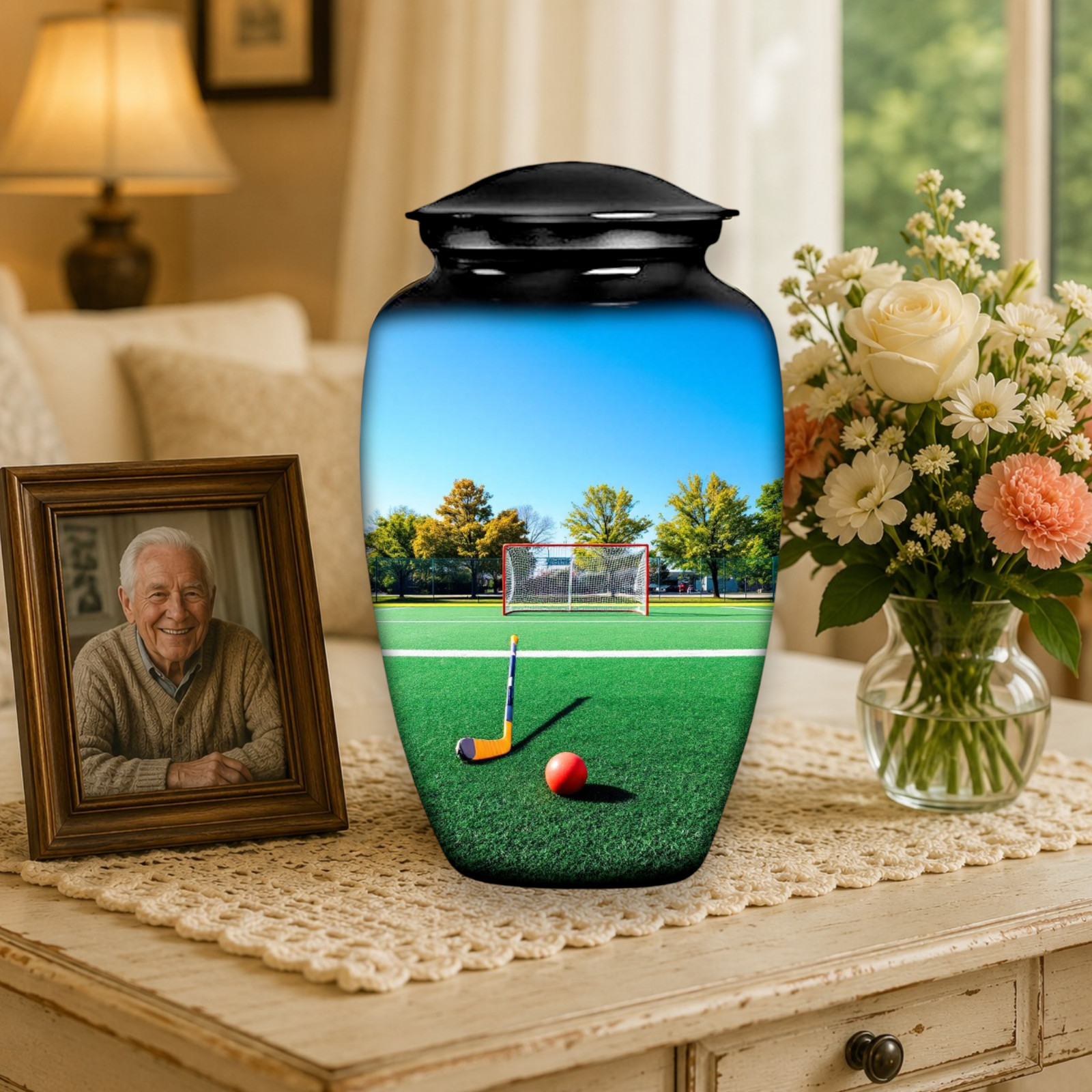 New Hockey Cremation Large Black Urn Human Ashes w/Bag Earns for Men & Women