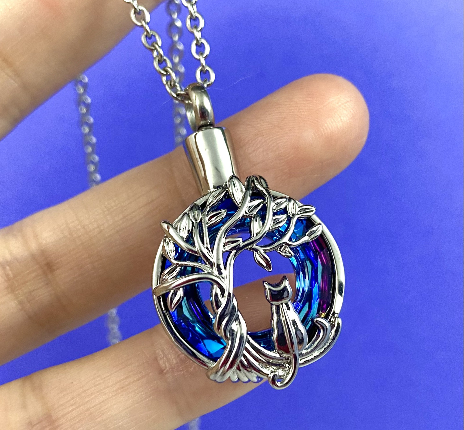 Cat Tree of Life Cremation Necklace Holds Ashes Urn Pendant Jewelry Gift Rainbow