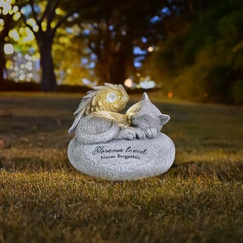 Cat Angel Memorial Garden Statue, Pet Memorial Stone with Solar Lights，Cat