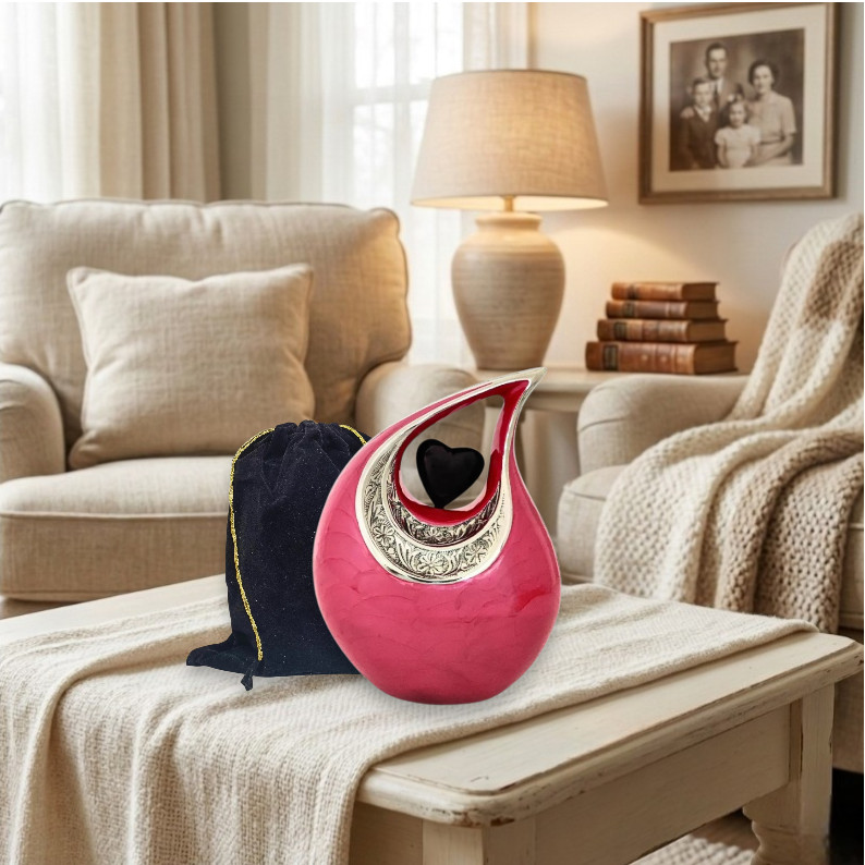 Pink & Silver Engraved Teardrop Metal Teardrop Cremation Urn Ashes for Love Ones