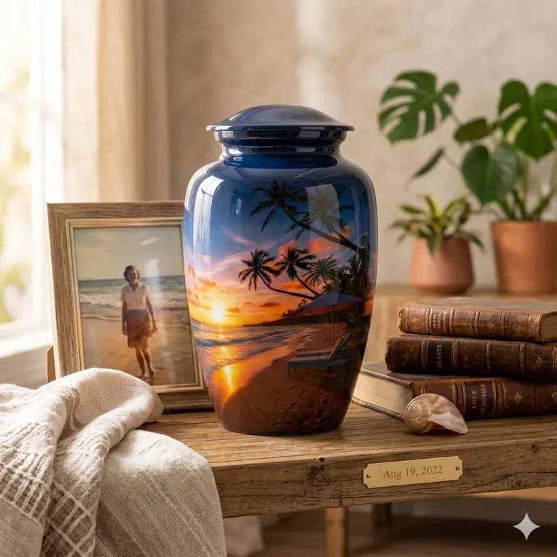 Paradise Beach Sunset Urn – Handcrafted Ocean Scene Memorial – Adult Size 200lbs