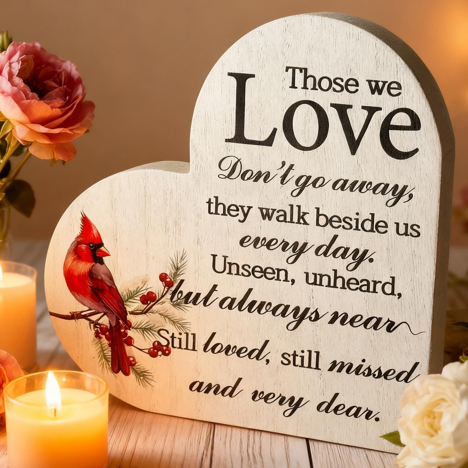 Mothers Day Memorial Gift Wooden Heart Sign Red Cardinal with Spring Leaves -…