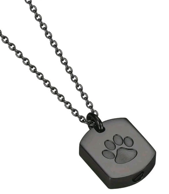 Paw Print Urn Pendant Memory Necklace Dog Cat Ashes Black Rectangle (JN)