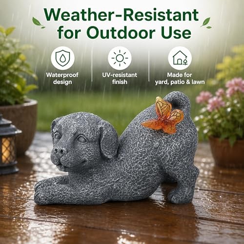 Solar Dog Statue with Butterfly Light, Outdoor Puppy Resin Garden Figurine for
