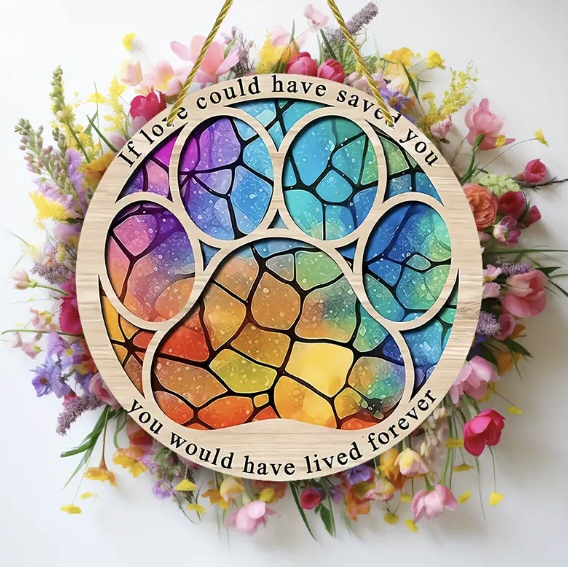 Pet Memorial Wall Hanging Decor Pet Cat Dog Sun Catcher Multicolored Paw Print